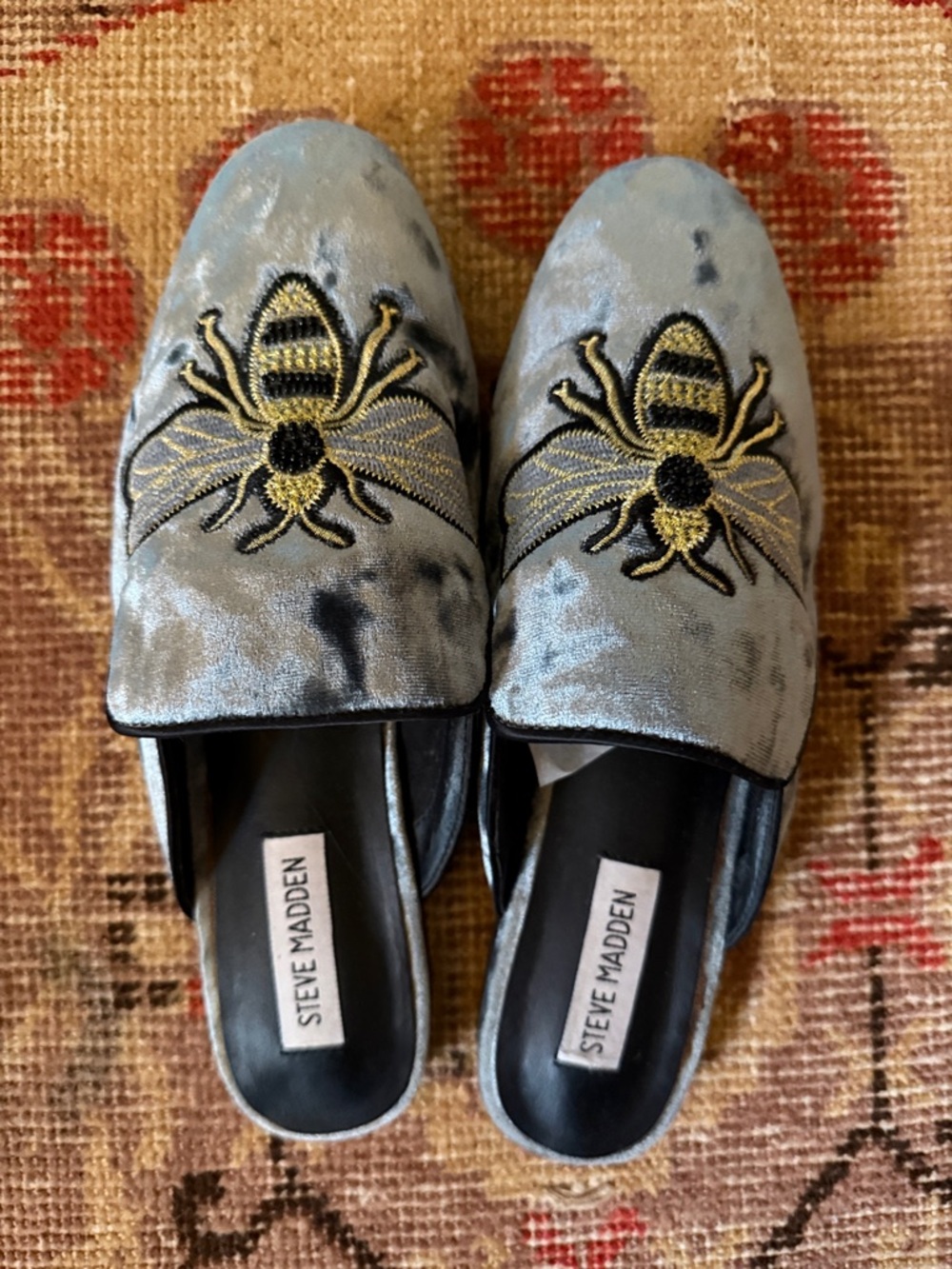 Steve Madden Blue Velvet Bee Embroidered Slip-Ons